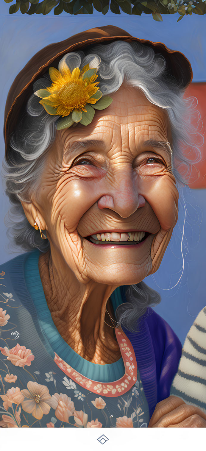 Elderly woman in floral dress with warm smile and yellow flower on beret