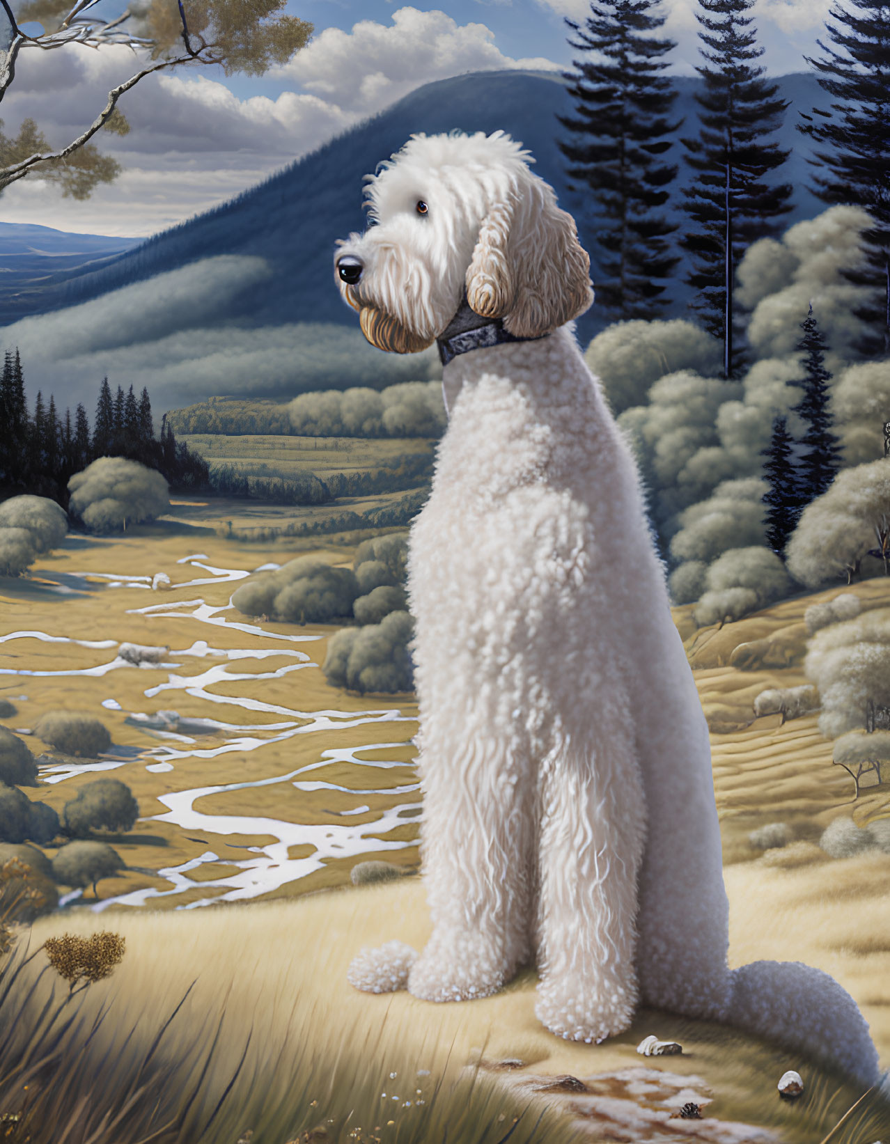 Fluffy white dog in serene landscape with hills, river, and mountain