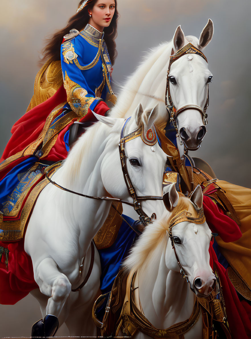 Regal woman in red and blue cape riding adorned white horse against cloudy sky