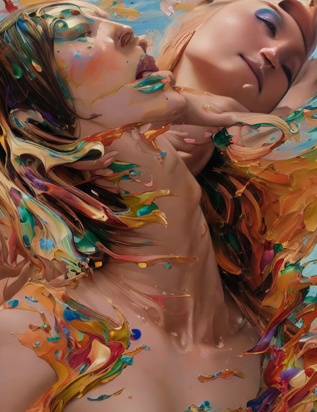 Person with closed eyes adorned with vibrant paint strokes in rich hues