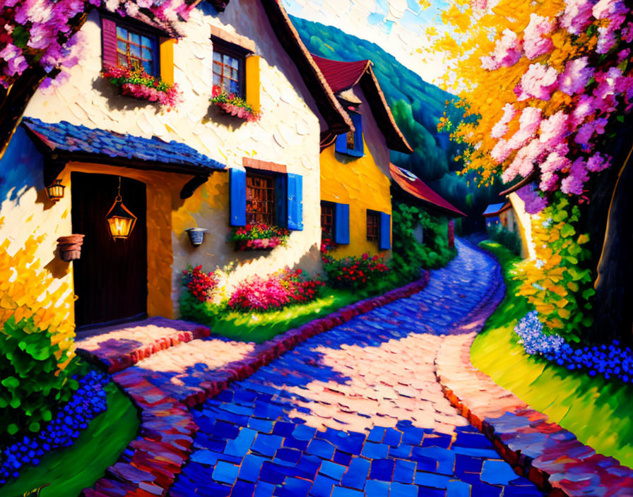 Colorful painting of cobblestone path and vibrant houses with blooming flowers under blue sky.