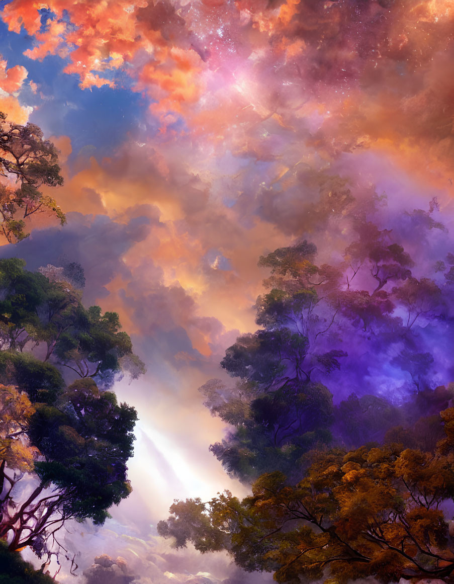 Ethereal forest scene with vibrant violet and blue hues in fiery sky