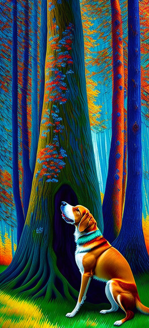 Beagle Dog in Vibrant Forest with Colorful Trees