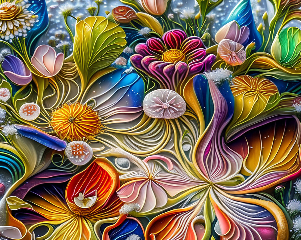 Abstract digital artwork with vibrant flower-like forms and flowing shapes