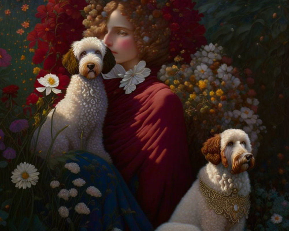 Ethereal woman in red cloak with dogs in dusky garden