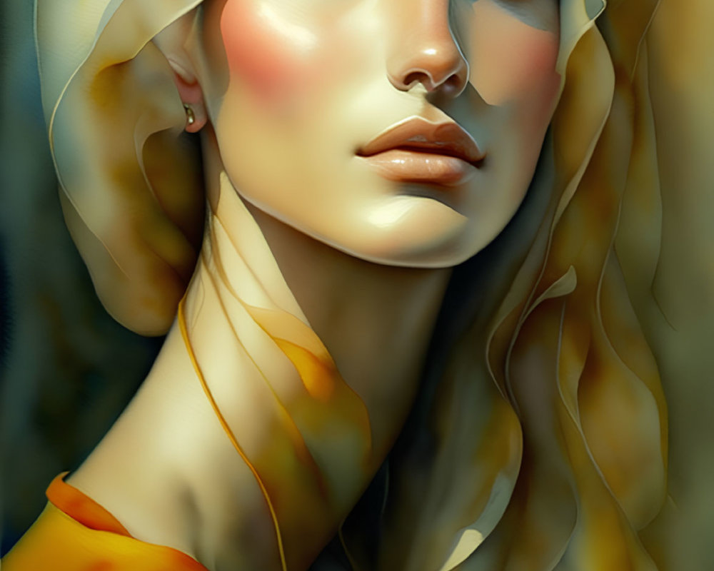 Digital painting of woman in golden attire with green eyes and veil on blue background