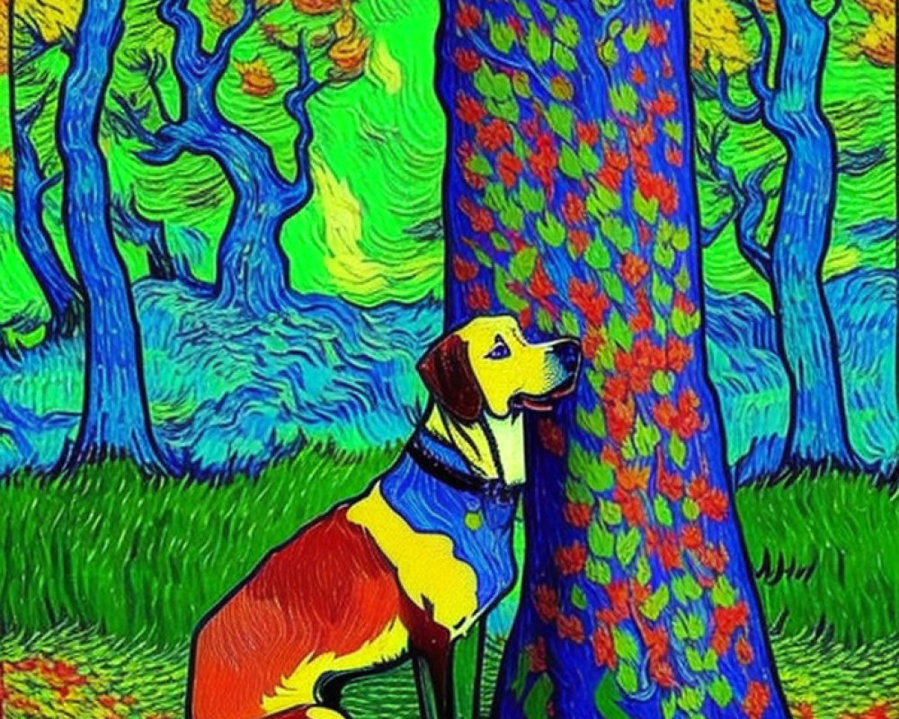 Blue-collared dog sitting under vibrant tree in Van Gogh-style landscape