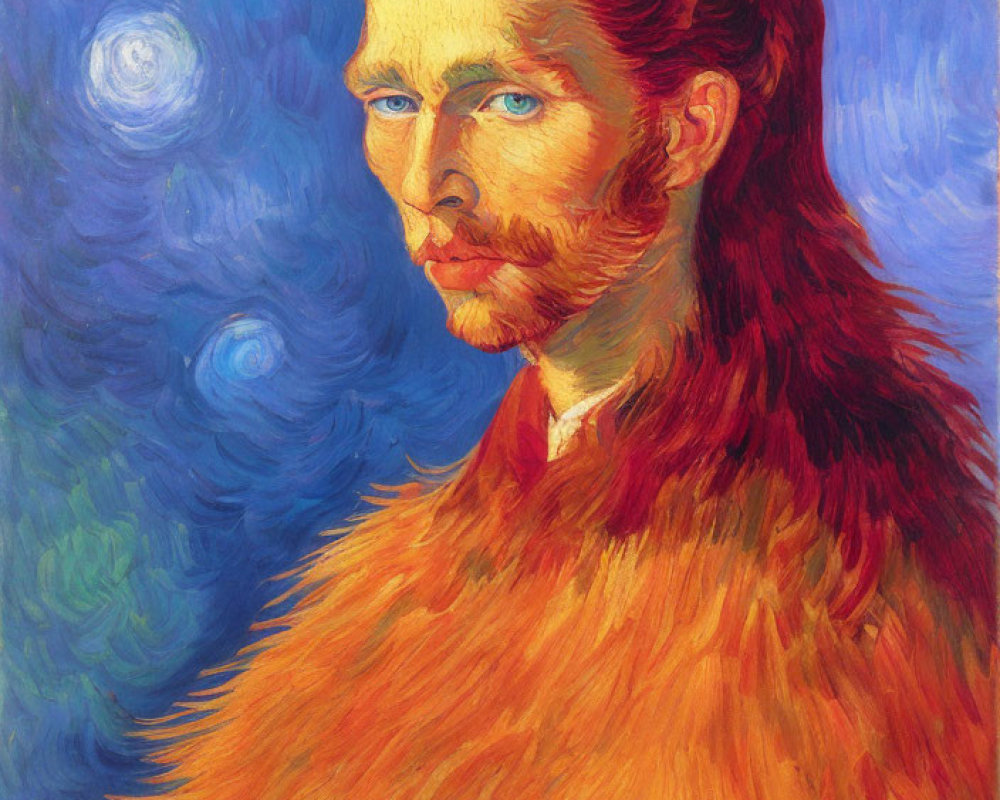 Red-haired man with beard in intense gaze against swirling blue background