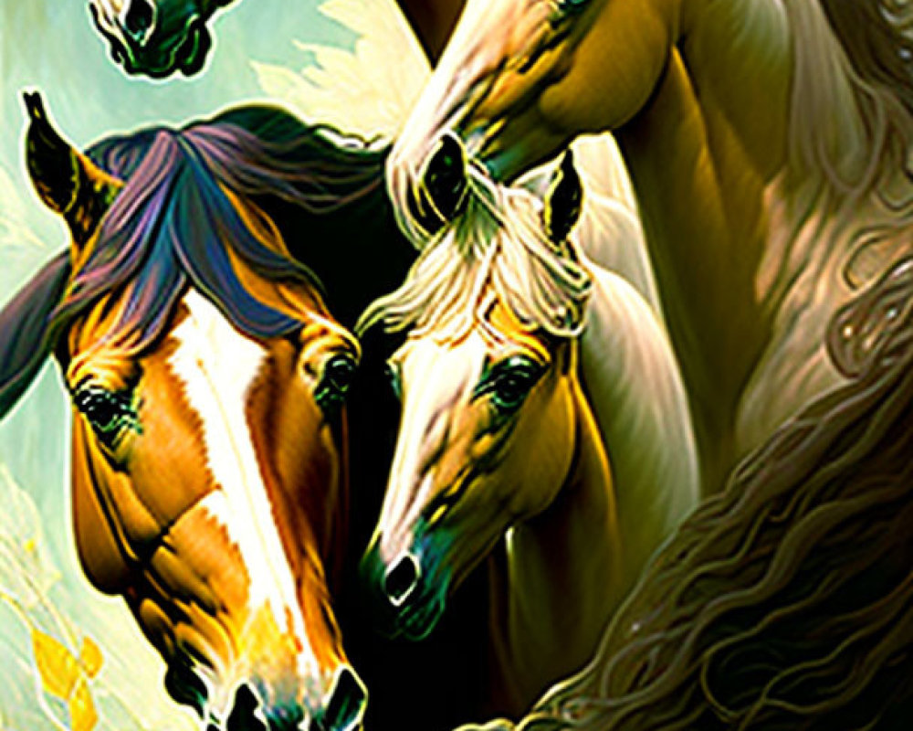 Vibrant stylized artwork of three majestic horses on green and gold background