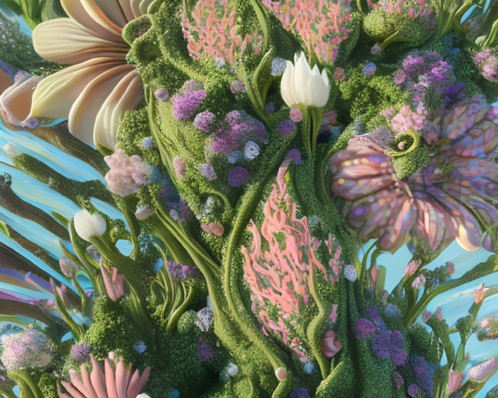 Lush Greenery and Fantastical Flora in Serene Composition