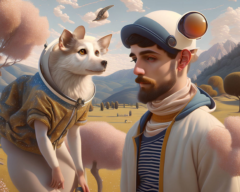 Bearded man and dog in spacesuit in whimsical landscape