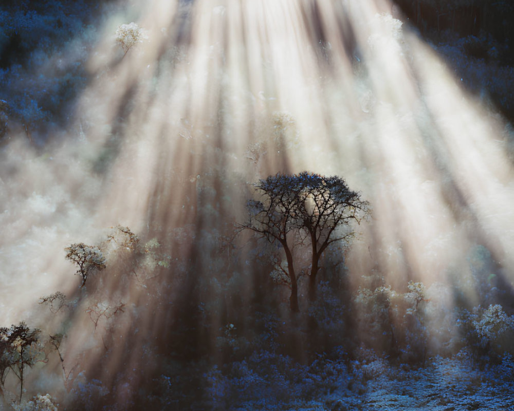 Sunbeams through mist illuminate solitary tree in dark forest