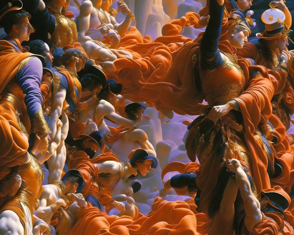 Fantastical Scene with Characters in Orange Garb and Blue Pillars