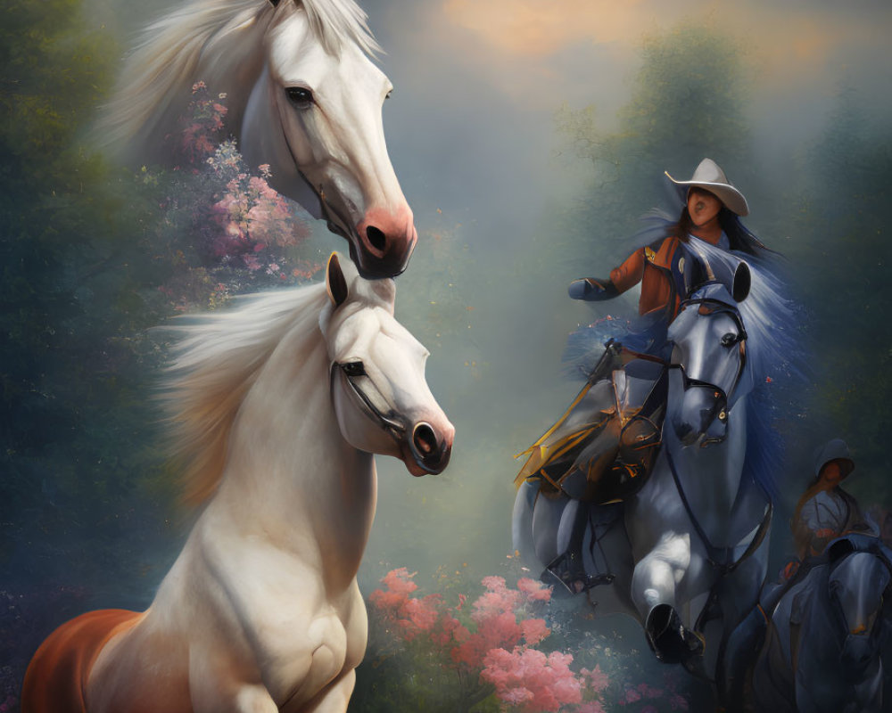 Majestic horses and riders in blue cloaks in a blossoming landscape