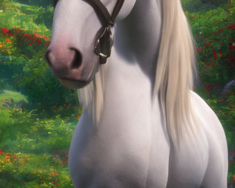 Majestic white horse in lush forest clearing