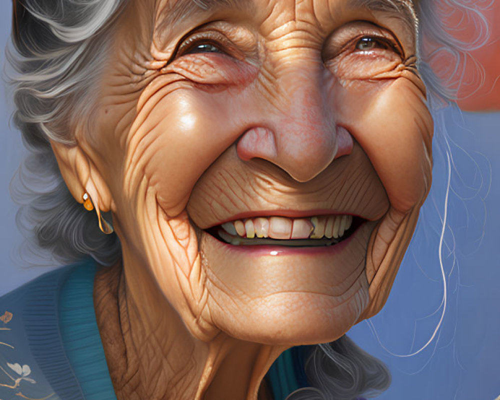 Elderly woman in floral dress with warm smile and yellow flower on beret