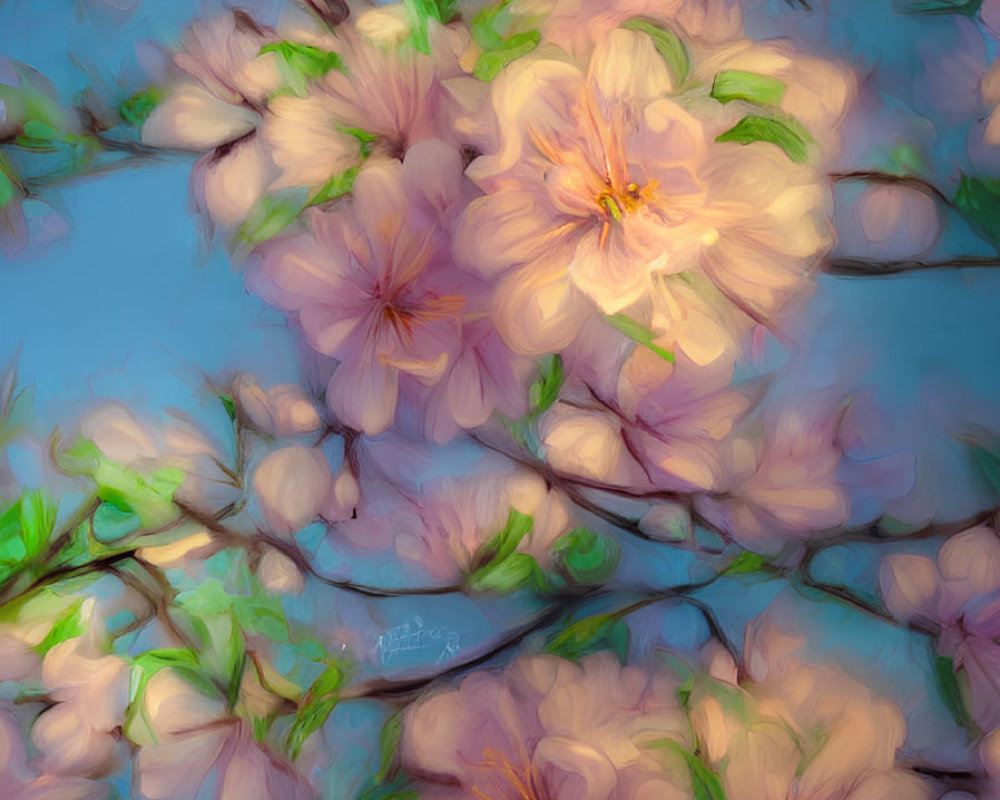 Delicate Pink Cherry Blossoms on Vivid Blue Background