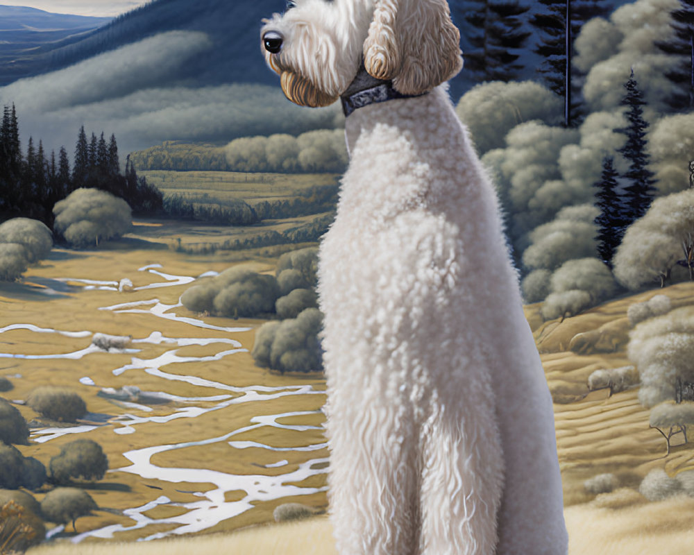 Fluffy white dog in serene landscape with hills, river, and mountain