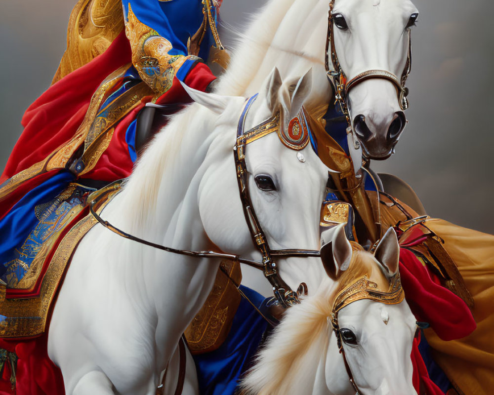 Regal woman in red and blue cape riding adorned white horse against cloudy sky