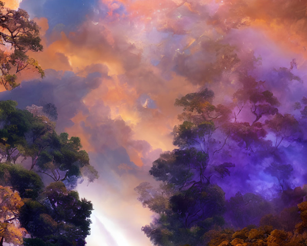 Ethereal forest scene with vibrant violet and blue hues in fiery sky