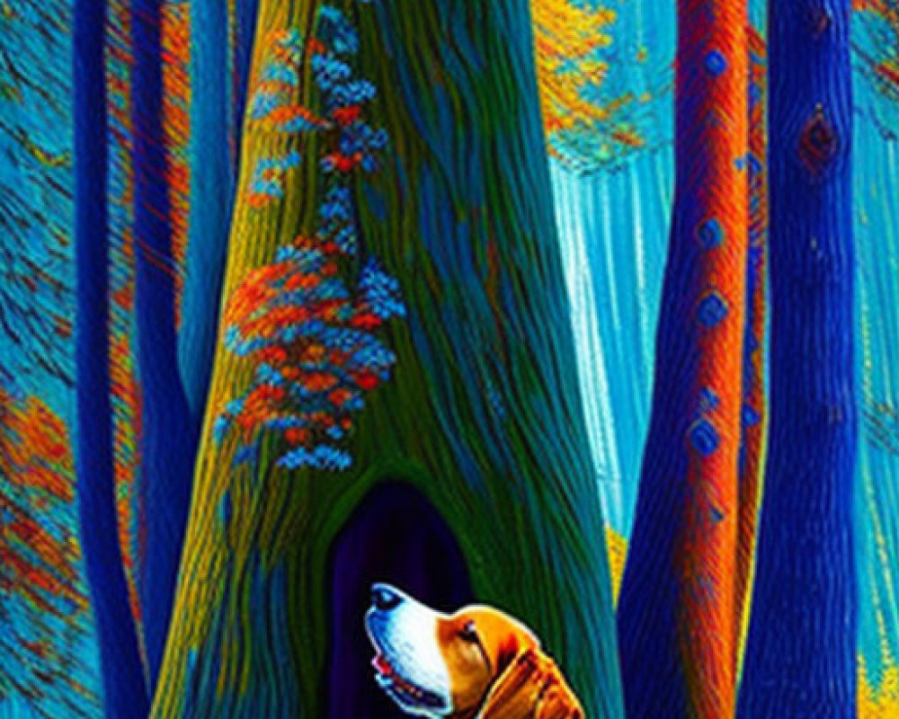 Beagle Dog in Vibrant Forest with Colorful Trees