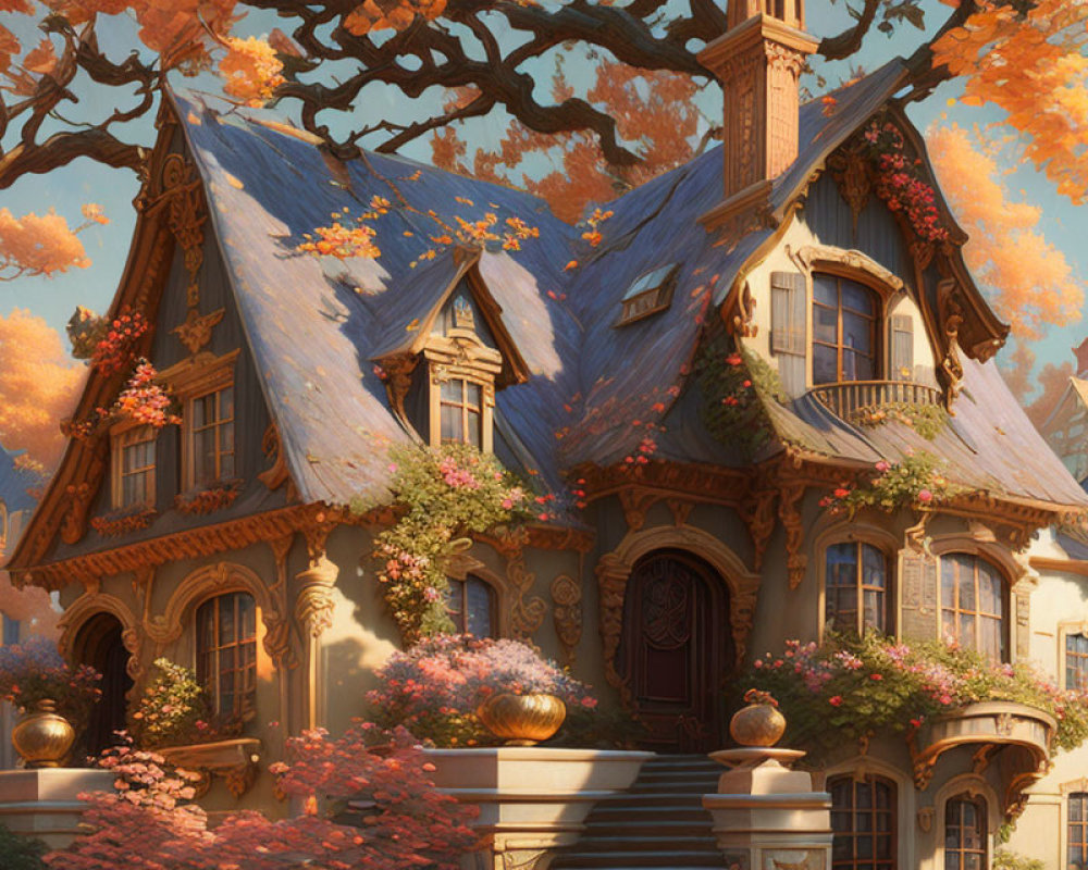 Blue-roofed cottage surrounded by autumn trees and ivy in warm sunlight