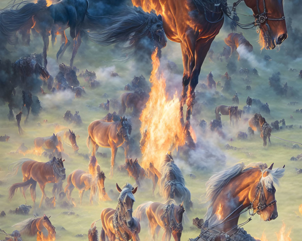 Surreal Artwork Featuring Fiery Sky Horse and Warrior on Horse