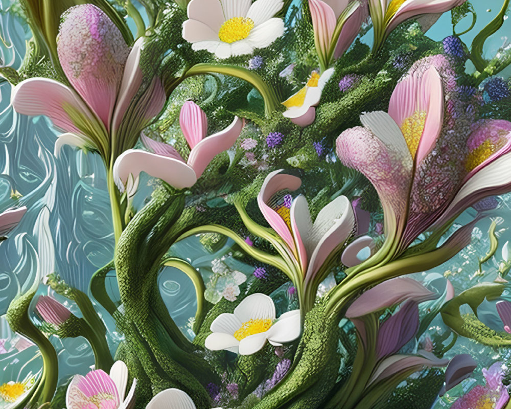 Colorful fantasy floral illustration with green and pink hues