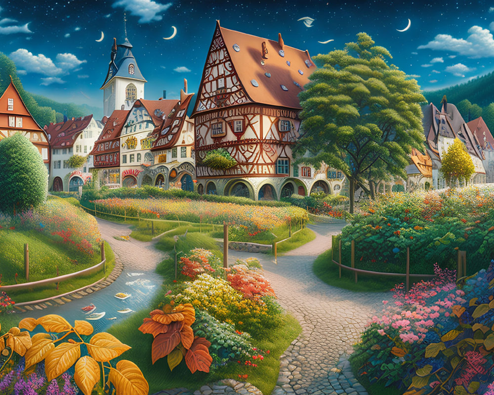 Quaint village illustration with half-timbered houses and gardens