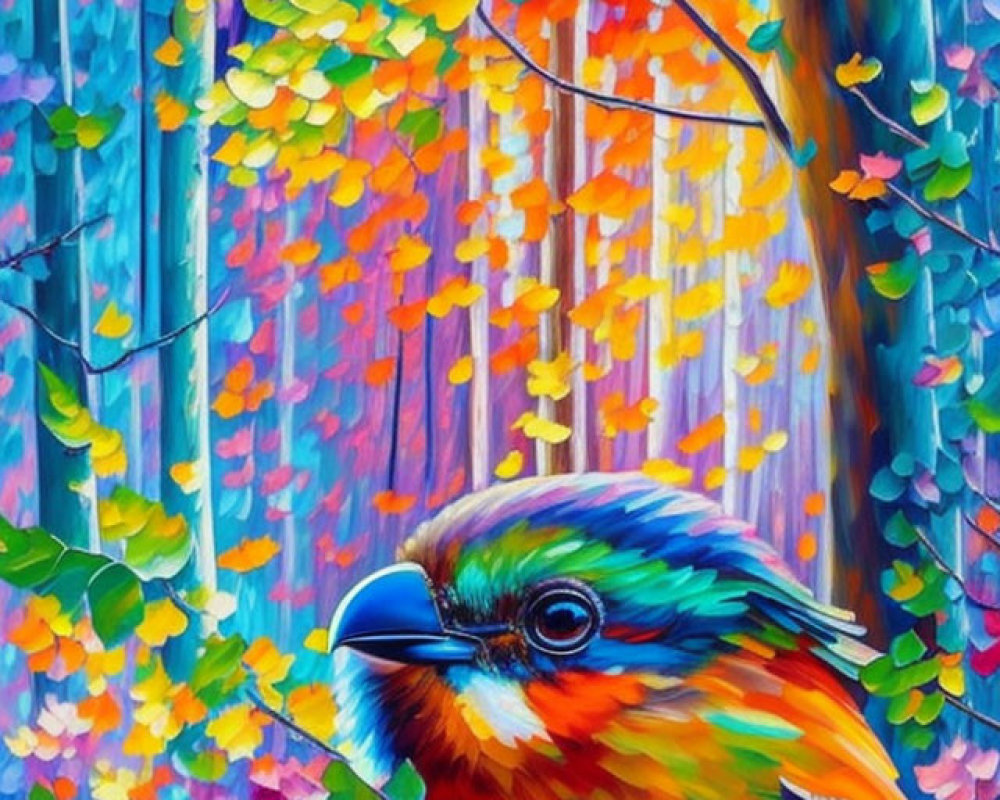 Vibrant bird painting with rainbow foliage in whimsical forest