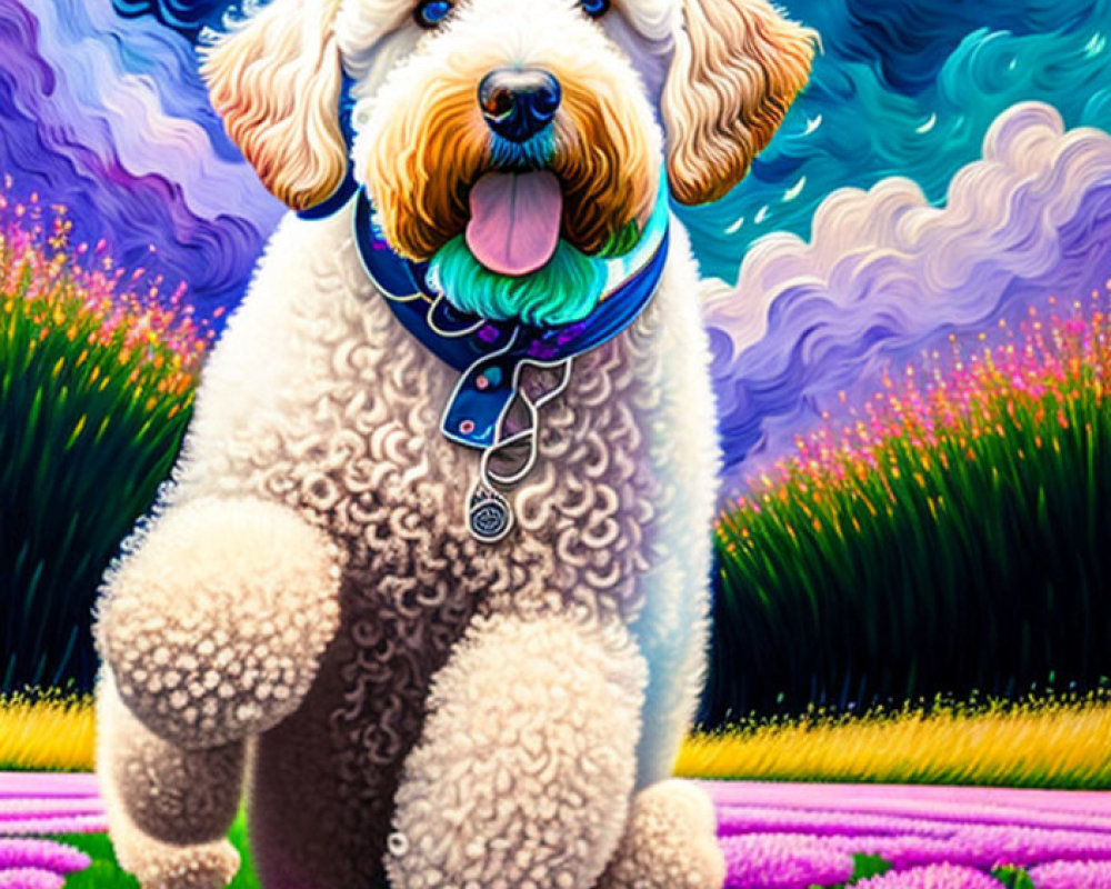 Fluffy White Dog in Colorful Field of Purple Flowers