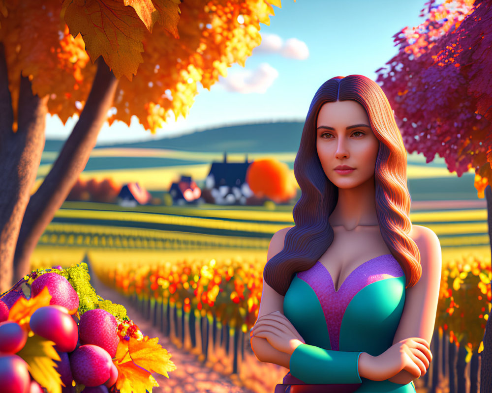 Digital art portrait of woman in vineyard with autumnal trees, grapes, hills, and farmhouse.