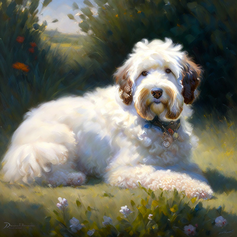 Fluffy White Dog with Brown Patches in Sunlit Field