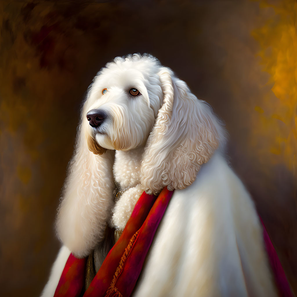 White Poodle in Regal Attire Against Golden Background