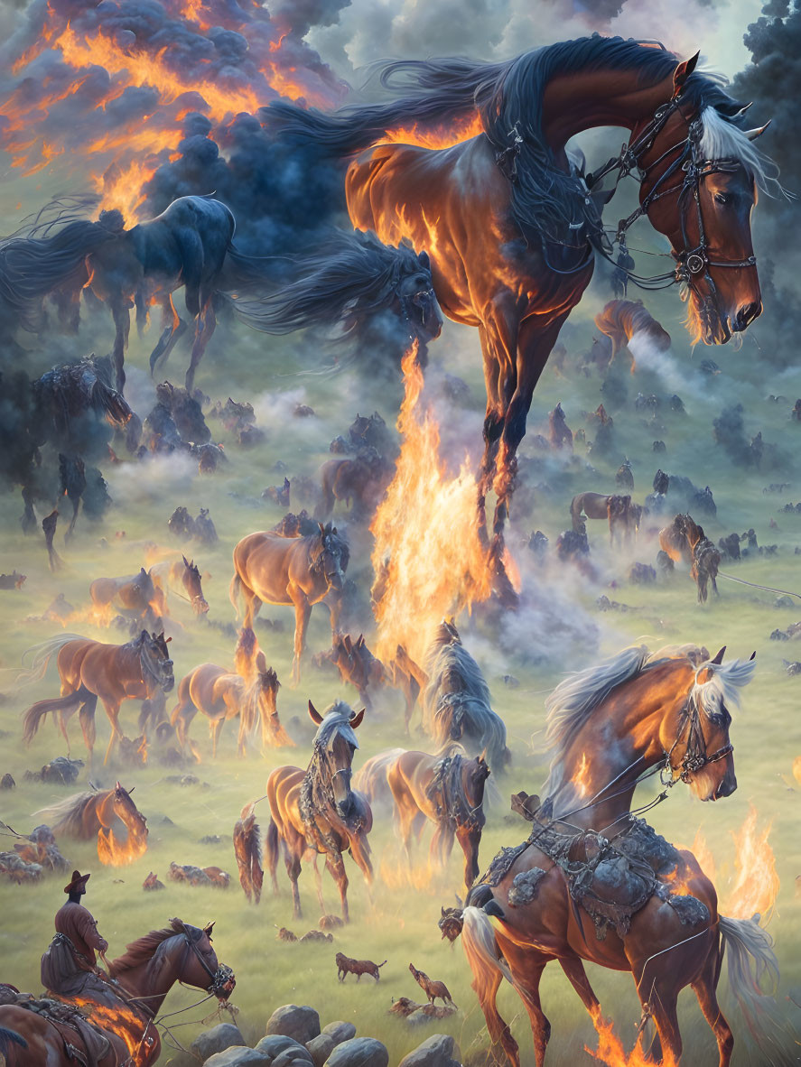 Surreal Artwork Featuring Fiery Sky Horse and Warrior on Horse