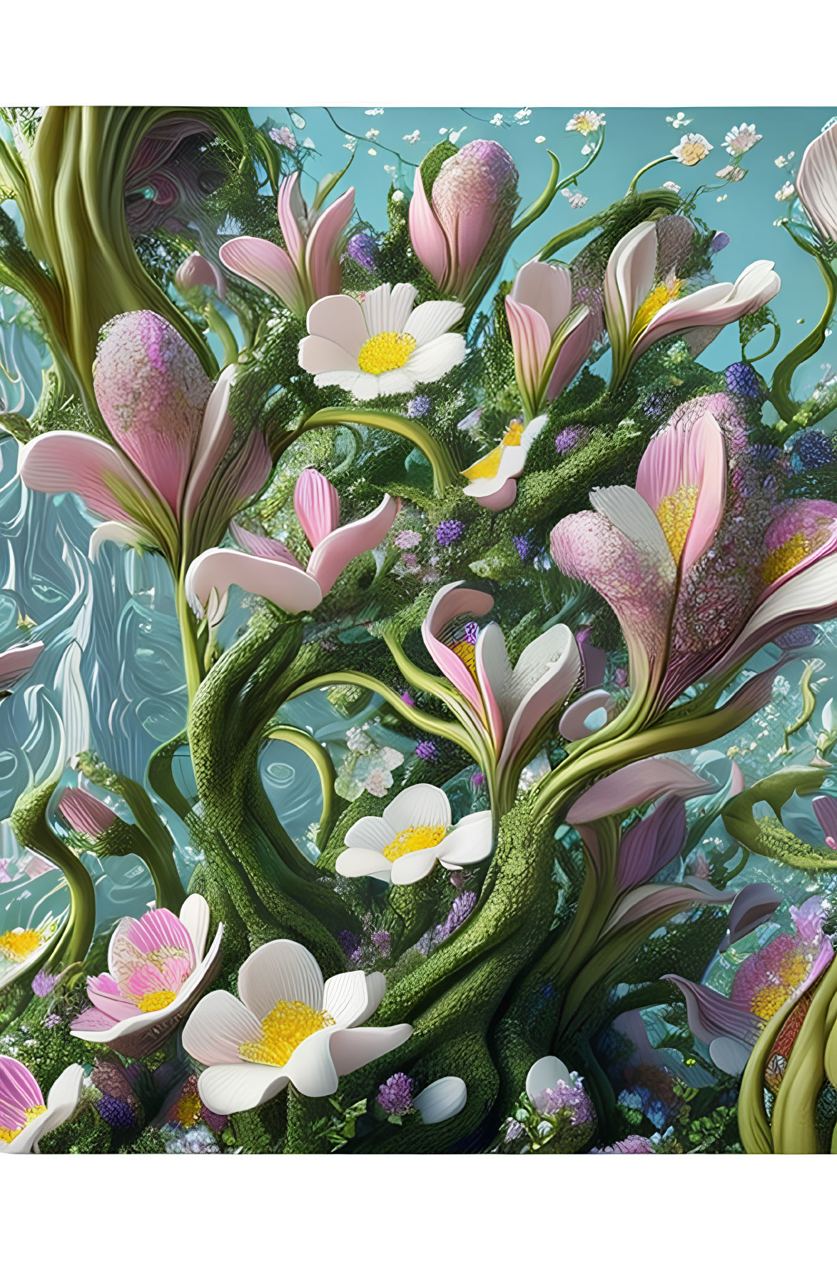 Colorful fantasy floral illustration with green and pink hues