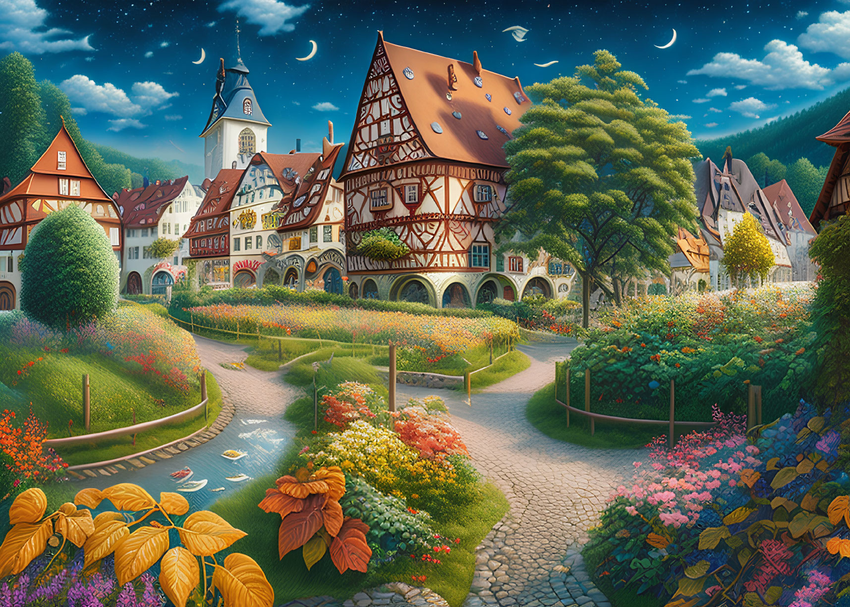 Quaint village illustration with half-timbered houses and gardens