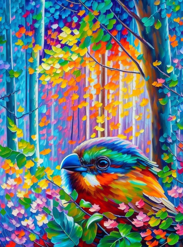 Vibrant bird painting with rainbow foliage in whimsical forest