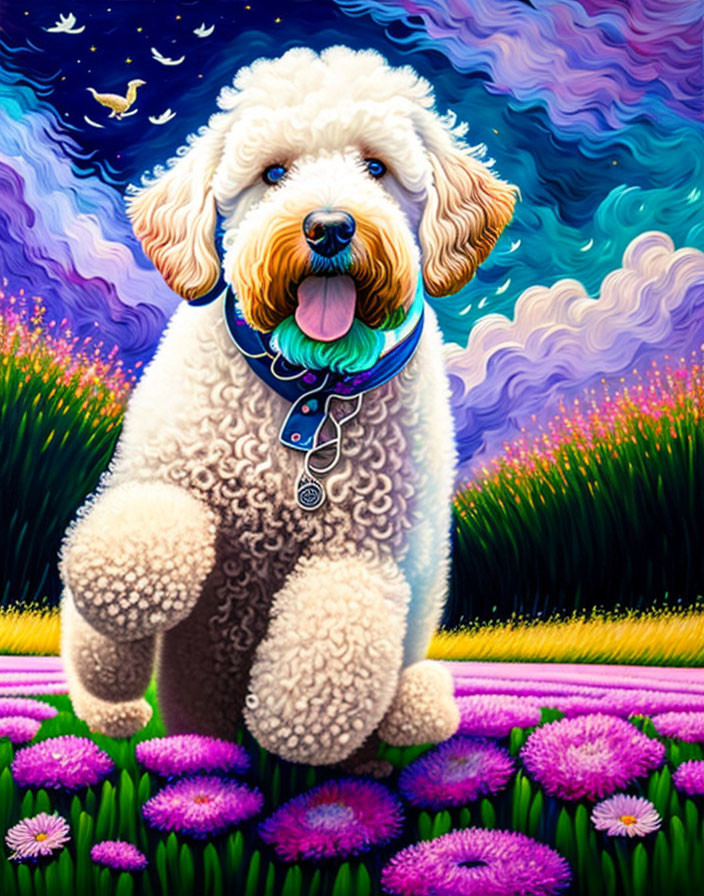 Fluffy White Dog in Colorful Field of Purple Flowers