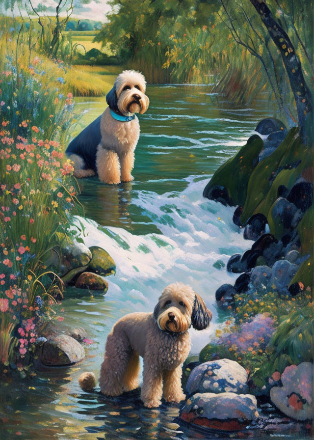 Fluffy dogs by serene stream with greenery, flowers, and rocks