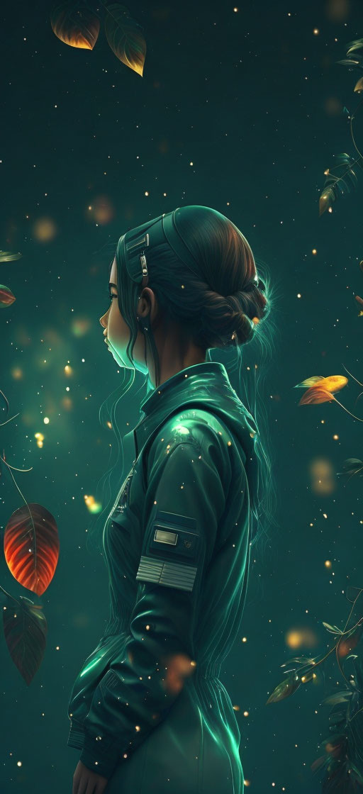 Digital artwork: Woman with teal hair lost in thought, surrounded by glowing leaves and fireflies in mystical