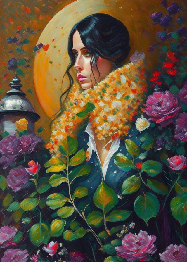 Dark-haired woman in floral scarf amid vibrant flowers and moonlit backdrop