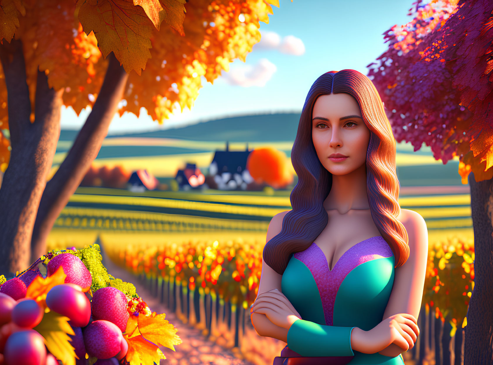 Digital art portrait of woman in vineyard with autumnal trees, grapes, hills, and farmhouse.