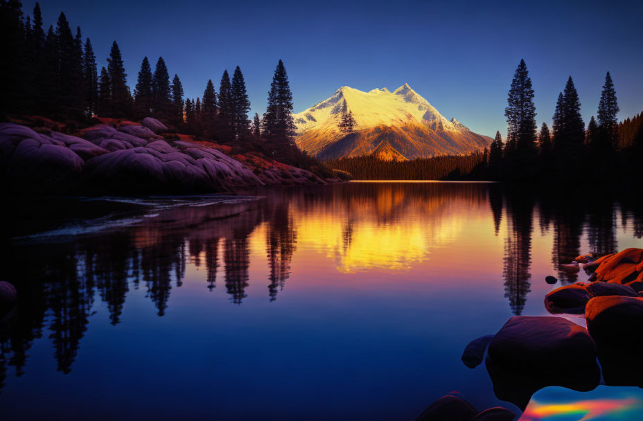 Snow-capped mountain sunrise reflected in serene lake amidst pine trees and rocks under twilight sky