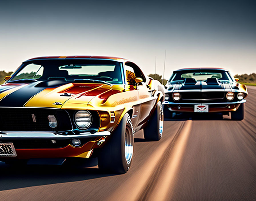 Vintage Muscle Cars Racing: Yellow and Black Striped vs. Black with Prominent Front Grilles