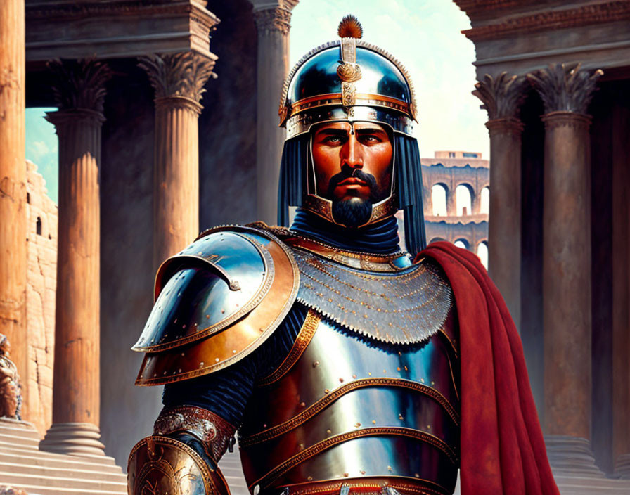 Detailed digital illustration of Roman commander in armor at ancient structures