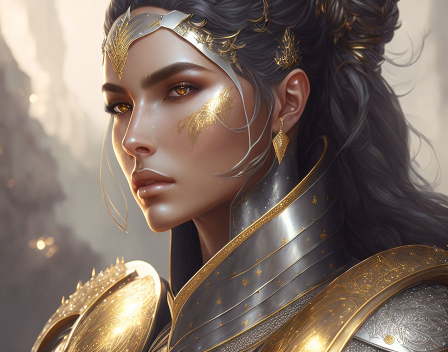 Regal woman in golden armor with intricate designs and headpiece