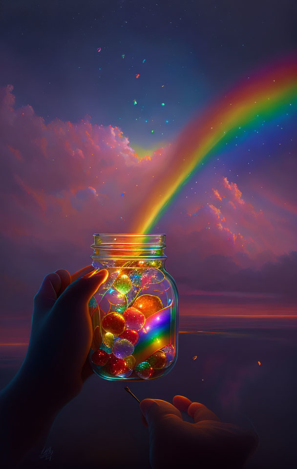 Colorful orbs in glass jar overflow with rainbow stream