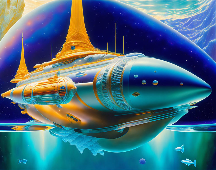 Futuristic submarine illustration above alien ocean with planet