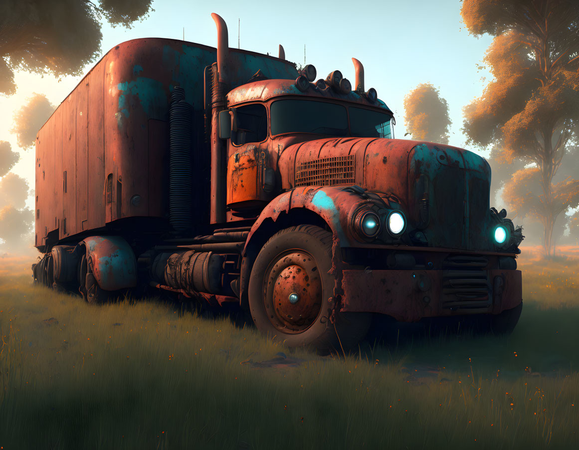 Abandoned rusty semi-truck in misty field with headlights on